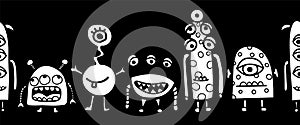 Seamless monster coloring kids border vector. Repeating cute aliens and monsters horizontal repeating pattern white on black.