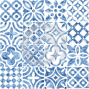 Seamless moroccan pattern. Square vintage tile. Blue and white watercolor ornament painted with paint on paper. Handmade. Print