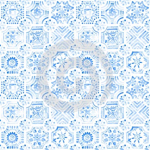 Seamless moroccan pattern. Square vintage tile. Blue and white watercolor ornament painted with paint on paper. Handmade. Print
