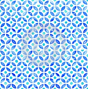 Seamless Moroccan watercolor circlular tile - navy and aqua