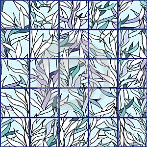 Seamless mosaic of blue plants of the underwater world, algae stained glass window. Hand drawn vector floral pattern