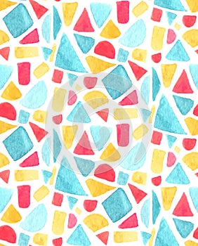 Seamless mosaic pattern with watercolor tiles. Stained glass vector background. Orange. yellow, blue and red geometry
