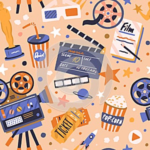 Seamless movie pattern with cinema items. Endless background with film tape, camera, projector, clapperboard