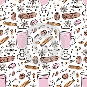 Seamless mulled wine and spices pattern. Hand drawn Winter drink ingredients. Doodle Outline vector illustration. Hot