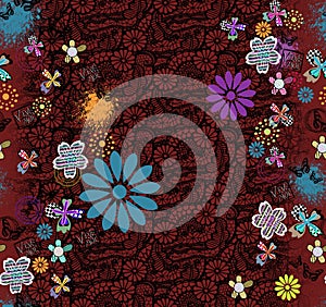 Seamless multicolor floral pattern. Geometrical background.Brown flowers. - illustration