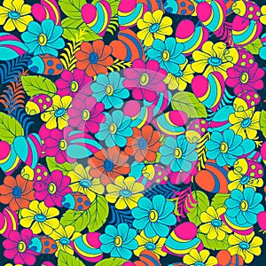 Seamless multicolor pattern spring nature. ladybugs and flowers. for textiles and packaging