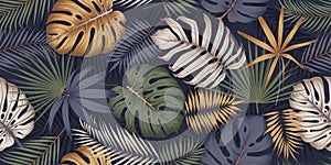 Seamless multicolored pattern with exotic tropical plants, monstera leaves and palm trees, Exotic botany composition in trendy photo