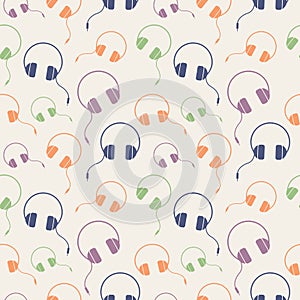 Seamless music vector pattern, chaotic background with colorful headphones