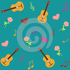 Seamless musical pattern with guitars and roses