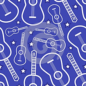 Seamless musical pattern with white guitar silhouette on the blue background