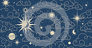 Seamless mystic space pattern with clouds, astrology magic background in tarot style, night sky with clouds and moon