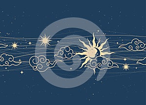 Seamless mystic space pattern with sun, moon and clouds, magic astrology lines, cosmos background in tarot style