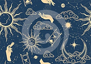 Seamless mystic space pattern with sun, moon and hands of sorceress, astrology cosmos background in tarot style, magic sky