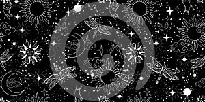 Seamless mystical pattern, universe with stars, moon and sun. Space background, magic signs and symbols. Flat vector