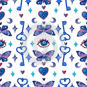 Seamless mystical pattern with watercolor elements isolated on white background: all-seeing eye, moths, keys, stars, moons.
