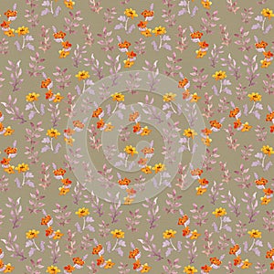 Seamless naive floral template. Cute flowers, leaves on brown background. Watercolor
