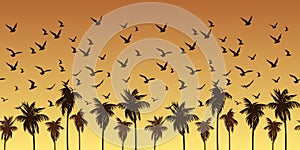 Seamless natural pattern with birds and palm trees against a bright yellow sky.