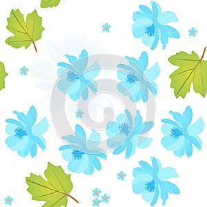 Seamless natural pattern with blue cosmos and forget me not flowers, viburnum leaves on white background. Spring vector design