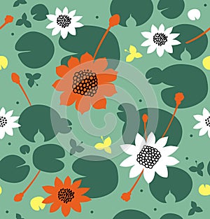 Seamless natural pattern with flowers, water lilies, lotus. Vector decorative background