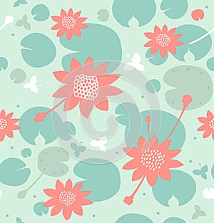 Seamless natural pattern with flowers, water lilies, lotus. Vector decorative background in pastel colors