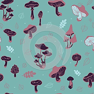 seamless natural pattern of mushrooms and leaves