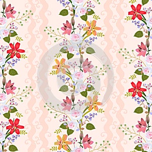 Seamless natural pattern with romantic floral wreath of lilies, roses, bell flowers, buds of spirea and branches with berries