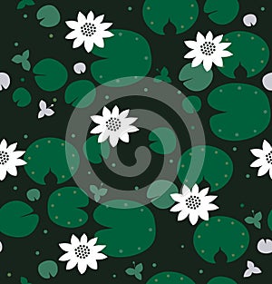 Seamless natural pattern with white and grey flowers, water lilies, lotus. Vector decorative background.
