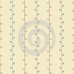 Seamless natural sketch vector pattern. Green brown twigs on yellow background. Hand drawn abstract texture illustration