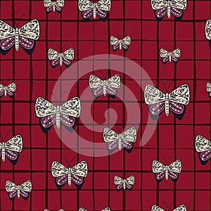Seamless nature pattern with random folk stylized butterflies print. Red chequered background