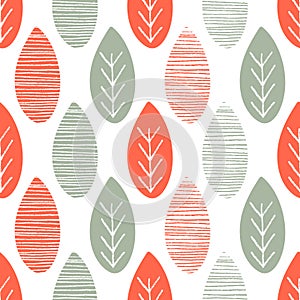 Seamless nature vector pattern. Orange and green leaves with lines and twigs on white background. Hand drawn autumn ornament