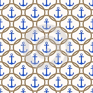 Seamless nautical pattern with blue anchors and rope background