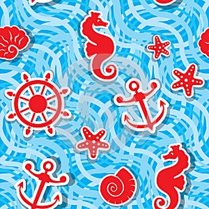 Seamless nautical pattern on light blue background