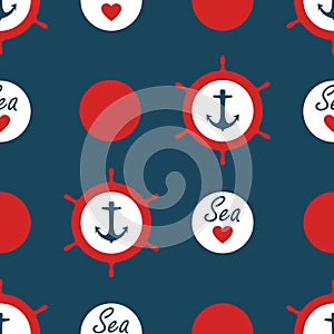 Seamless nautical pattern vector with anchors ship wheels red polka dots and sea love with heart marine background vintage retro d