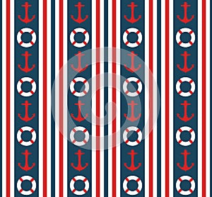 Seamless nautical vertical stripes pattern vector with anchors and life buoys