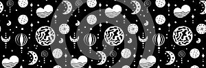 Seamless neo folk patterns with moon, cloud, sun and stars, black and white celestial design. Set Neo folk style endless