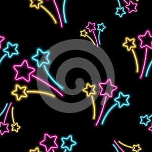 Seamless neon pattern. Fireworks, stars red blue and yellow on a black background