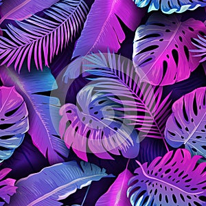 Seamless Neon Tropic Pattern, Vector Summer Holiday Monstera Palm Leaves Design, Tropical Disco Background photo