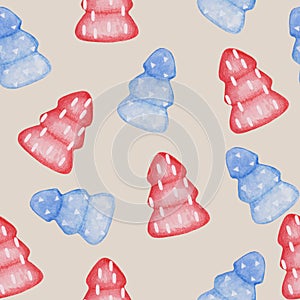 Seamless New Year/Christmas creative funny pattern with red and blue fir-trees