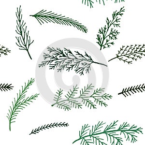 Seamless New Year pattern background spruce twigs on a white background