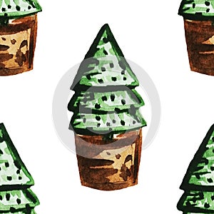 Seamless New Year pattern with Christmas tree in a pot. Christmas print painted in watercolor. The pattern is perfect for wrapping