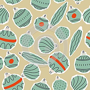 Seamless new year pattern. Rough paper cut christmas balls