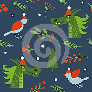 Seamless new year\'s pattern with dragons and birds. Gift paper, wrapping paper design,