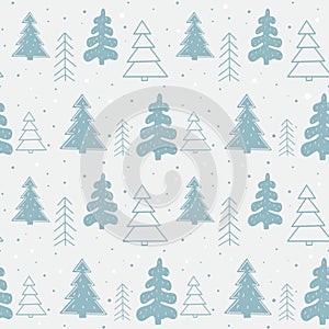 Seamless New Year template with stylized Christmas trees In the forest. Vector holiday background for packaging, paper