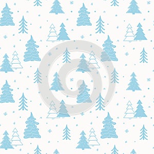 Seamless New Year template with stylized Christmas trees In the forest. Vector holiday background for packaging, paper