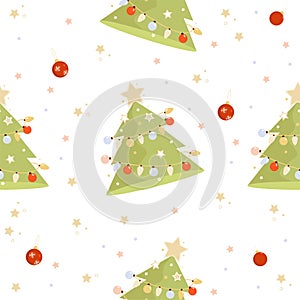 Seamless New Years pattern. Christmas tree with balls and garlands on a White background with stars. Vector illustration