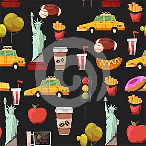 Seamless New york Set Vector pattern with flat icons Taxi, apple, donut, statue of Liberty New york Usa travel