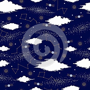 Seamless night cloud pattern with stars and planets