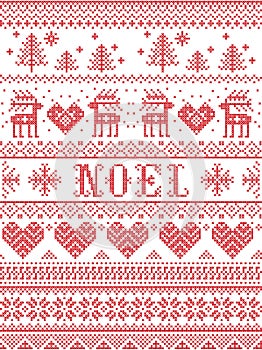 Seamless Noel Scandinavian fabric style, inspired by Norwegian Christmas, festive winter pattern in cross stitch with reindeer