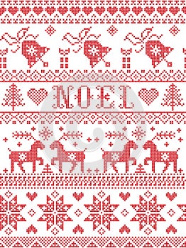 Seamless Noel Scandinavian fabric style, inspired by Norwegian Christmas, festive winter pattern in cross stitch with reindeers