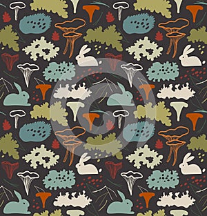 Seamless nordic natural pattern with chanterelle mushrooms, reindeer moss, gray lichens, needles. Floral background texture.